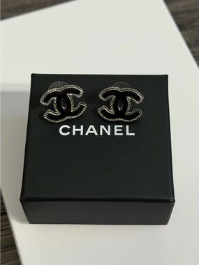 CHANEL Black and Silver CC Logo Stud Earrings